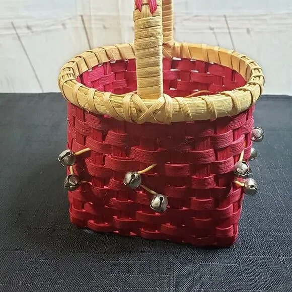 Cute Small Red Wicker Christmas Basket with Bells 5" x 8" tall Holiday Decor - Picture 2 of 11